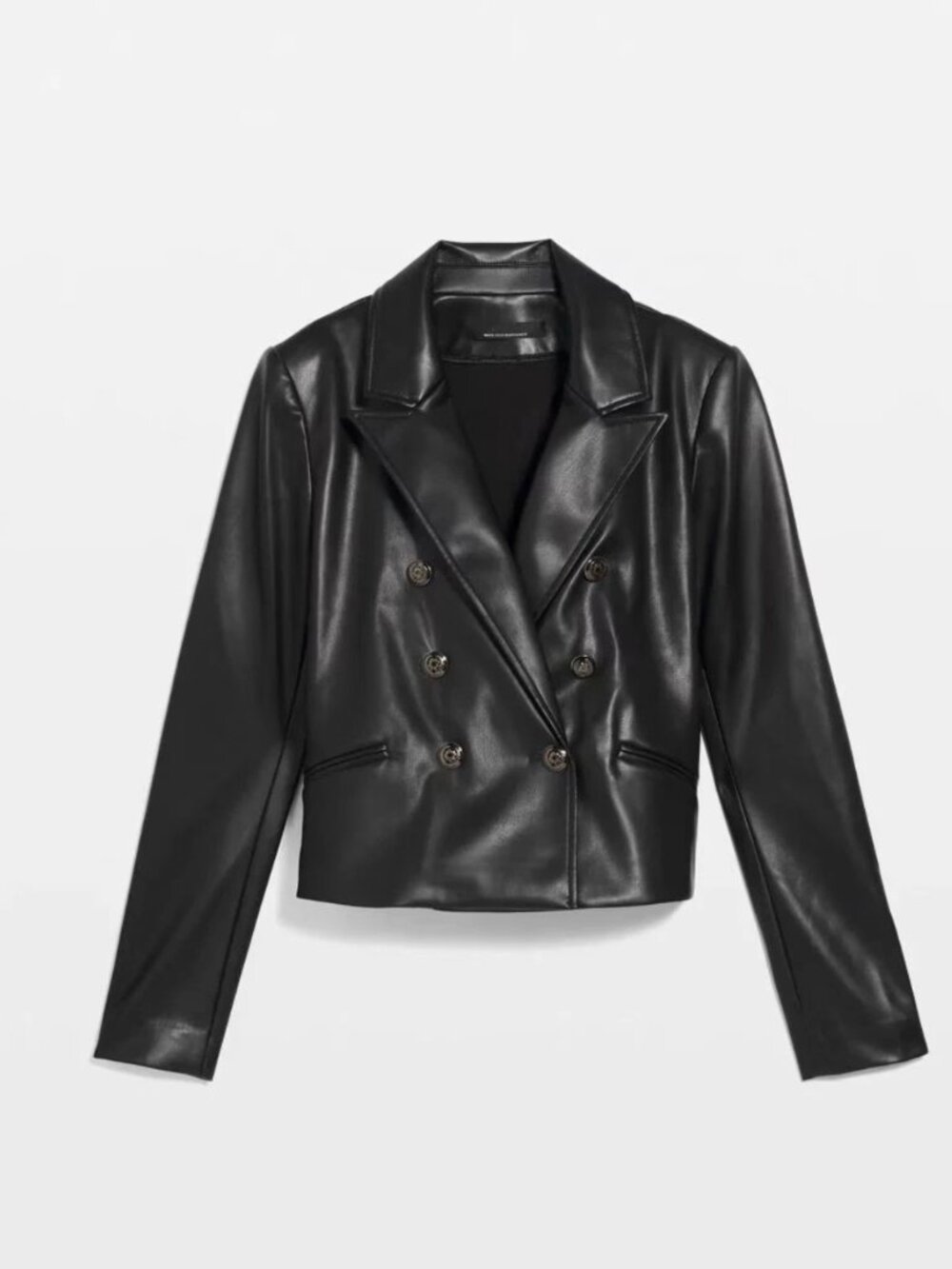WHBM Faux Leather Moto Jacket Black Women's Double-Breasted Gold Buttons 6 NWOT